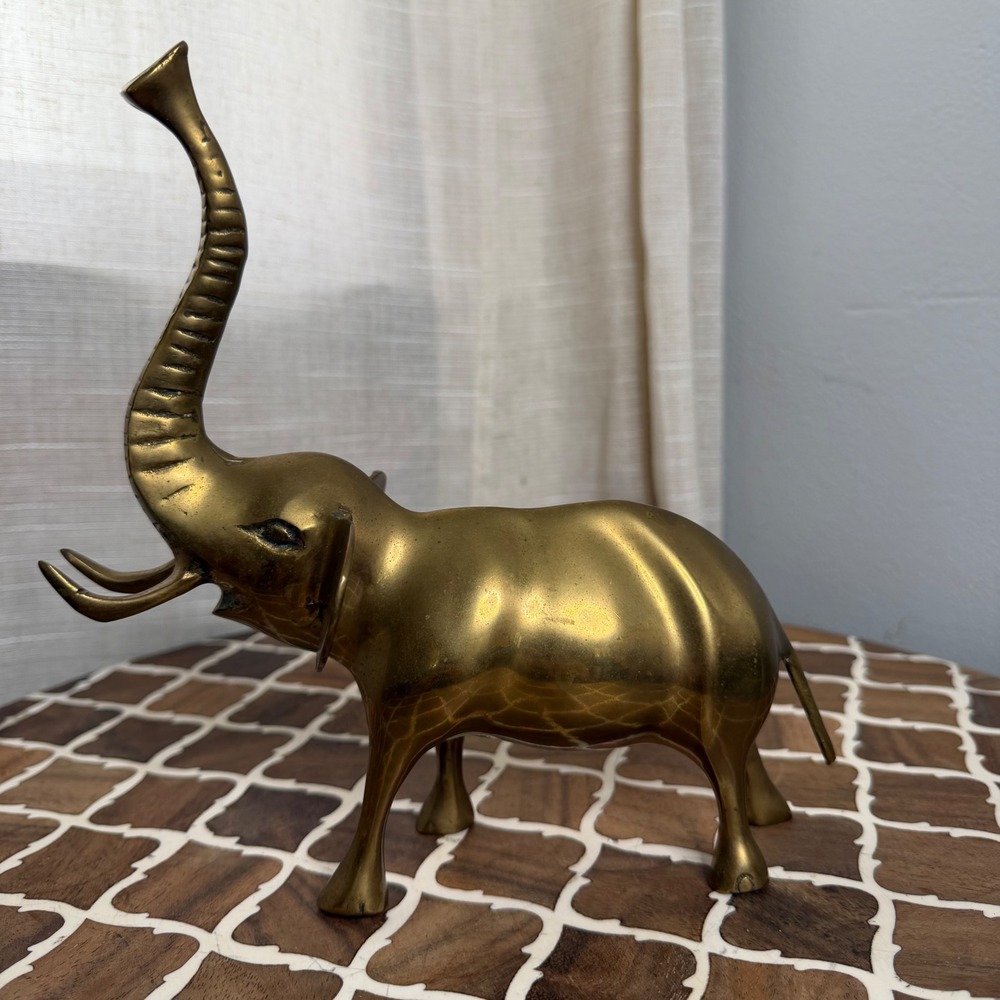 Vintage Brass Elephant Figurine Trunk Up Good Luck Boho Decor Medium 9" 1lbs 9oz